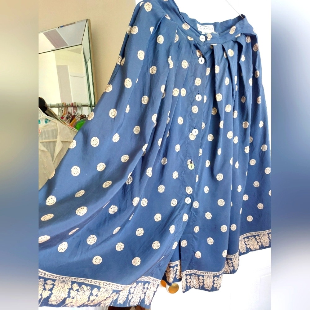 Vintage Apriori Escada Blue Gold Polka Dot Silk Skirt - Mother Of Pearls - Small
